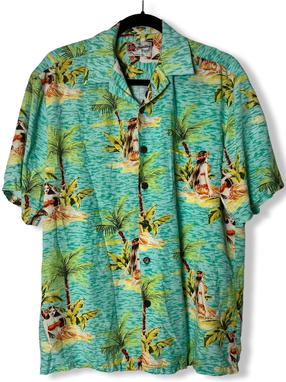 Hilo Hattie VTG Men’s Hawaiian Hula Girl Pinup Print Shirt Teal Palm Tree Sz. M‎